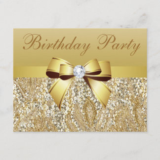 Gold Sequins, Bow & Diamond Geburtstagsparty Einladung