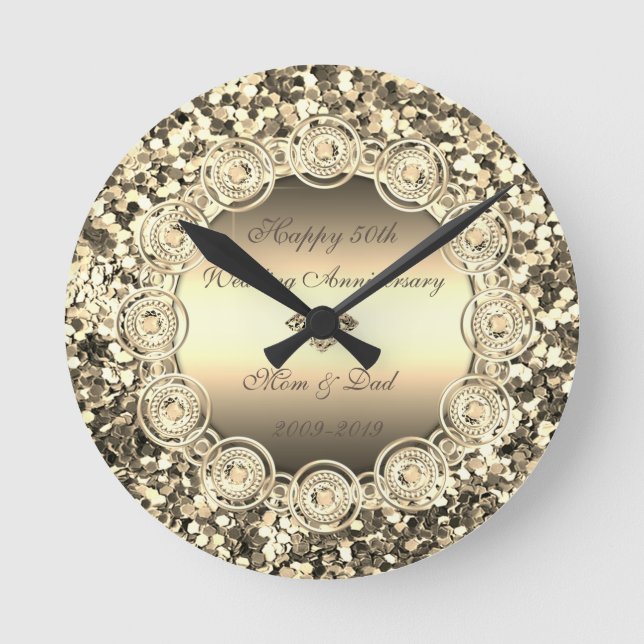 Gold Sequins Diamonds  50th Wedding Anniversary Runde Wanduhr (Vorderseite)