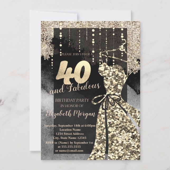 Gold Sequins Dress 40. Geburtstag Party Einladung (Vorderseite)