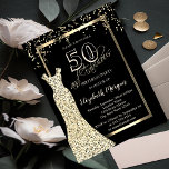 Gold Sequins Dress 50. Geburtstag Einladung<br><div class="desc">Gold Sequins Kleid und Konfetti auf schwarzem Hintergrund.</div>