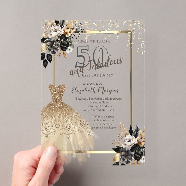 Gold Sequins Dress Black Rose 50. Geburtstag Acryleinladungen (Insitu (Handheld))