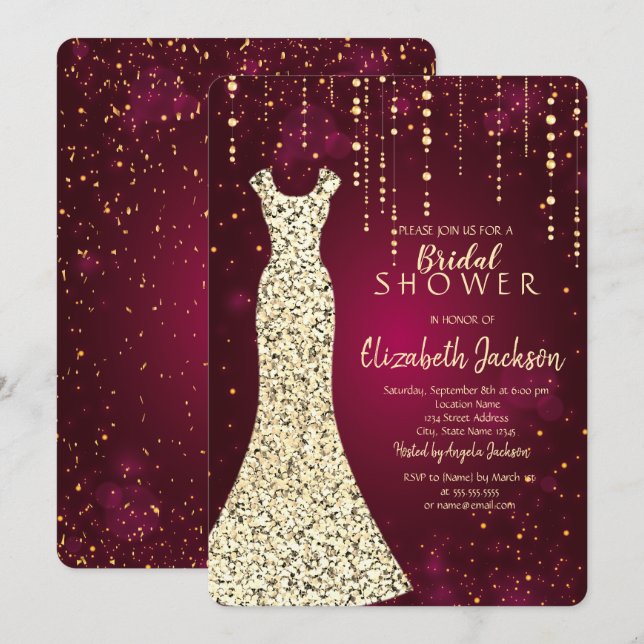 Gold Sequins Dress, Confetti Burgund Brautparty Einladung (Vorne/Hinten)