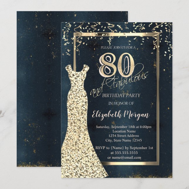 Gold Sequins Dress Dark, Frame, Blue 80. Geburtsta Einladung (Vorne/Hinten)