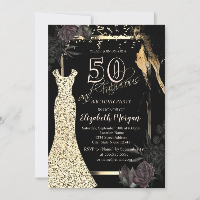 Gold Sequins Dress Dark Rose 50. Geburtstag Einladung (Vorderseite)