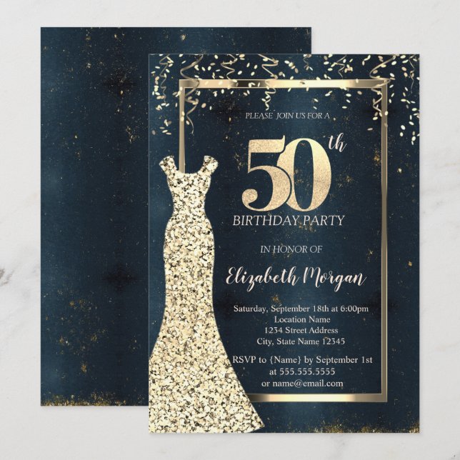 Gold Sequins Dress Frame, Dunkelblau 50. Geburtsta Einladung (Vorne/Hinten)