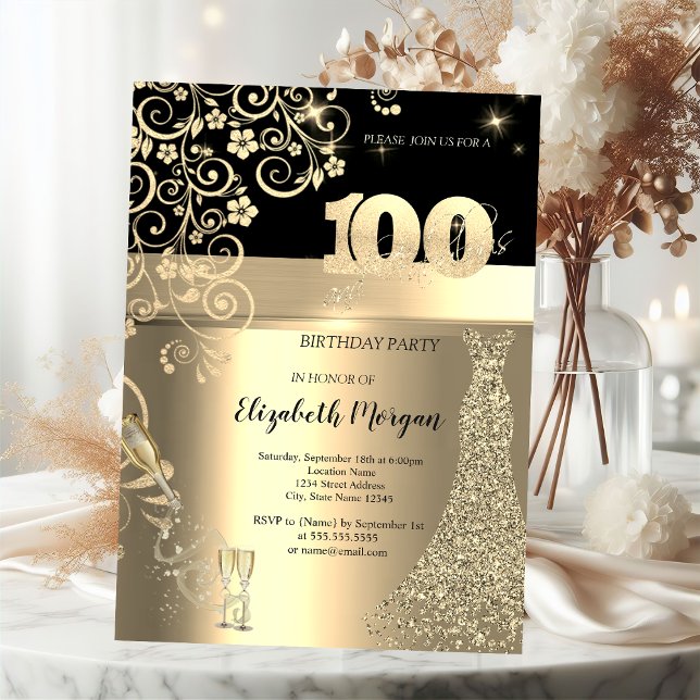 Gold Sequins Dress Glass Blume 100. Geburtstag Einladung (Von Creator hochgeladen)
