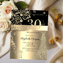 Gold Sequins Dress Glass Blume 30. Geburtstag Einladung
