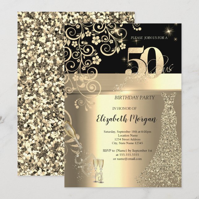 Gold Sequins Dress Glass Blume 50. Geburtstag Einladung (Vorne/Hinten)