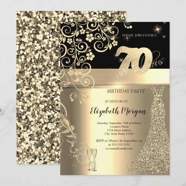 Gold Sequins Dress Glass Blume 70. Geburtstag Einladung (Vorne/Hinten)