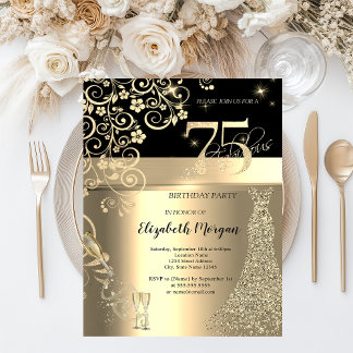 Gold Sequins Dress Glass Blume 75. Geburtstag Einladung