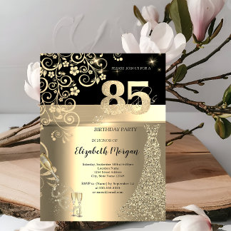 Gold Sequins Dress Glass Blume 85. Geburtstag Einladung
