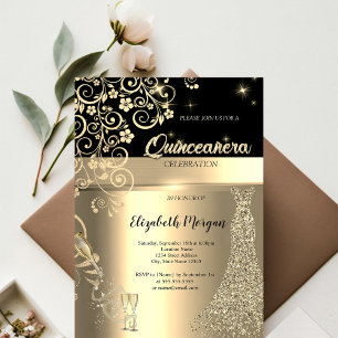 Gold Sequins Dress Glass Floral Quinceanera Einladung
