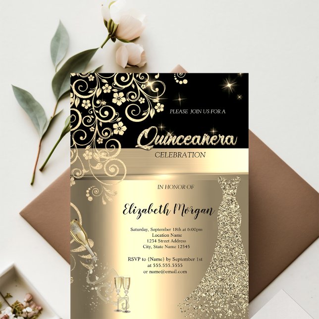 Gold Sequins Dress Glass Floral Quinceanera Einladung (Von Creator hochgeladen)