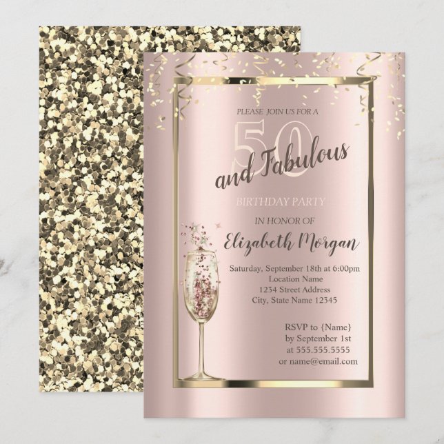 Gold Sequins Glitzer Champagne Glass 50. Geburtsta Einladung (Vorne/Hinten)