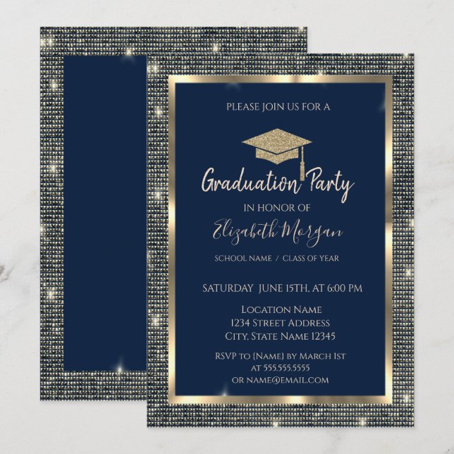 Gold Sequins Graduation Cap Navy Blue Abschluss Einladung (Vorne/Hinten)