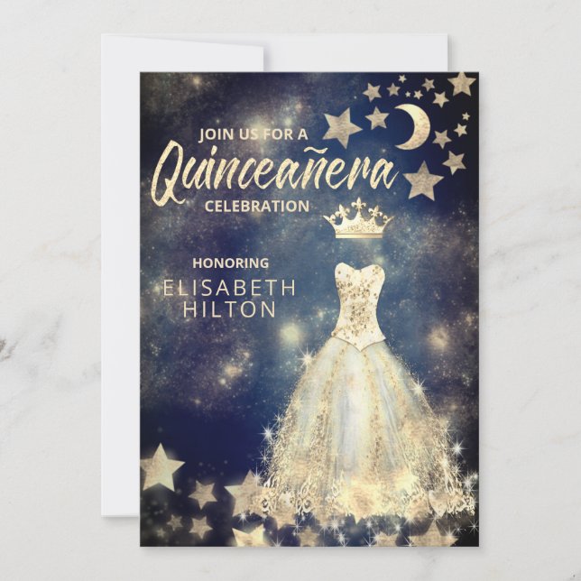 Gold Sequins Kleid Moon Stars Quinceañera Blau Einladung (Vorderseite)