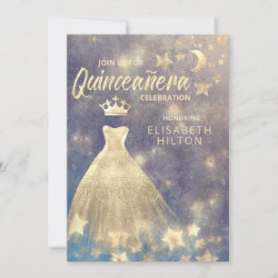 Gold Sequins Kleid Moon Stars Quinceañera Einladung