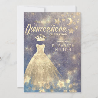Gold Sequins Kleid Moon Stars Quinceañera Einladung