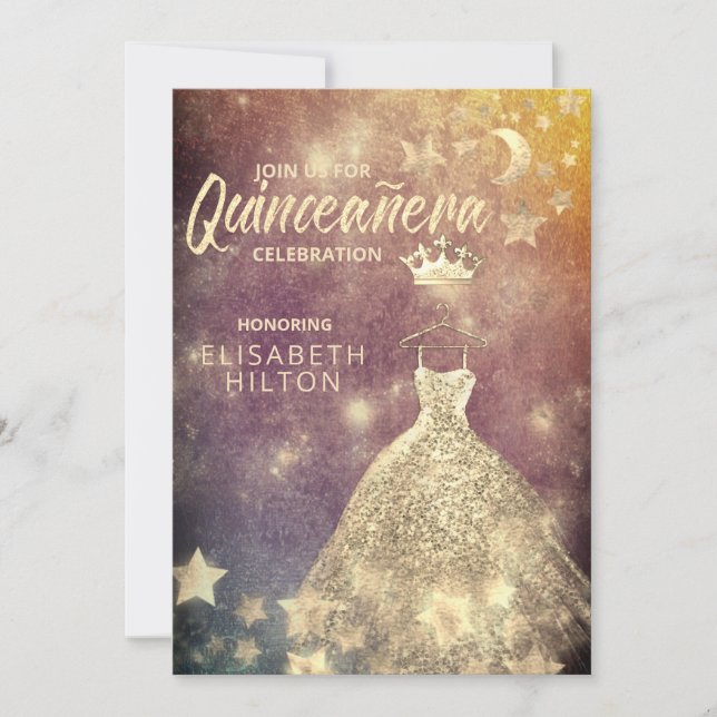 Gold Sequins Kleid Moon Stars Quinceañera Einladung (Vorderseite)