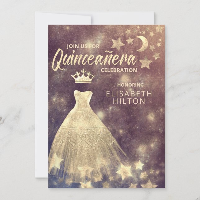 Gold Sequins Kleid Moon Stars Quinceañera Einladung (Vorderseite)