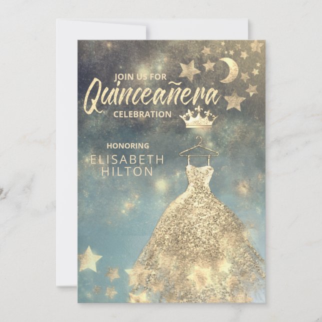 Gold Sequins Kleid Moon Stars Quinceañera Einladung (Vorderseite)