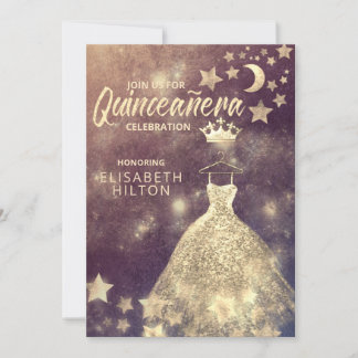 Gold Sequins Kleid Moon Stars Quinceañera Einladung