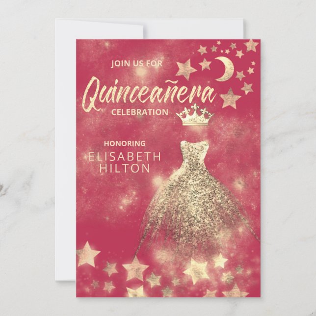 Gold Sequins Kleid Moon Stars Quinceañera Einladung (Vorderseite)