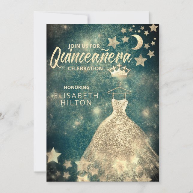 Gold Sequins Kleid Moon Stars Quinceañera grün Einladung (Vorderseite)