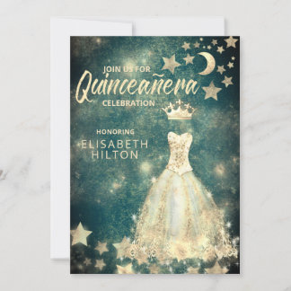 Gold Sequins Kleid Moon Stars Quinceañera grün Einladung