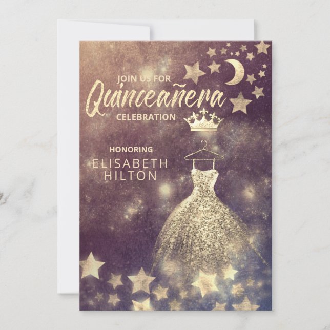 Gold Sequins Kleid Moon Stars Quinceañera Invitati Einladung (Vorderseite)
