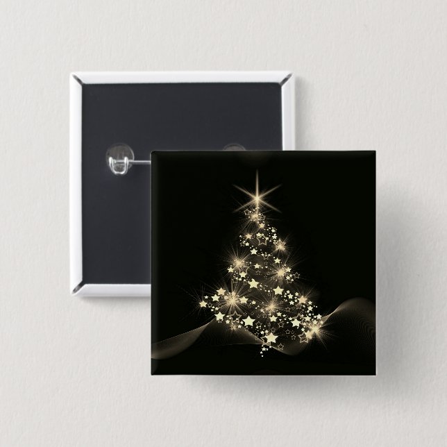 Gold Shine of Stars auf Weihnachtsbaum Dunkel Button (Vorne & Hinten)