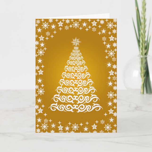 Gold Shining Stars Carte de voeux d'arbre de Noël (Devant)