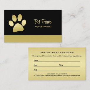 Gold Shiny Dog Paw auf Black Pet Grooming Service Terminkarte