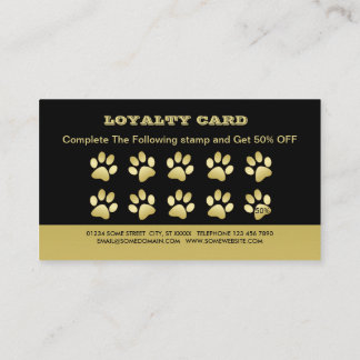 Gold Shiny Dog Paw auf Black Pet Grooming Service Treuekarte