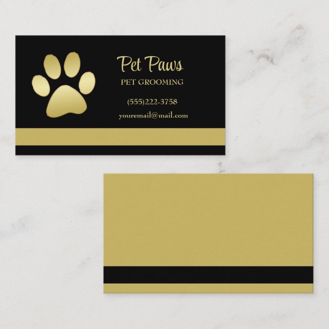 Gold Shiny Dog Paw auf Black Pet Grooming Service Visitenkarte (Vorne/Hinten)