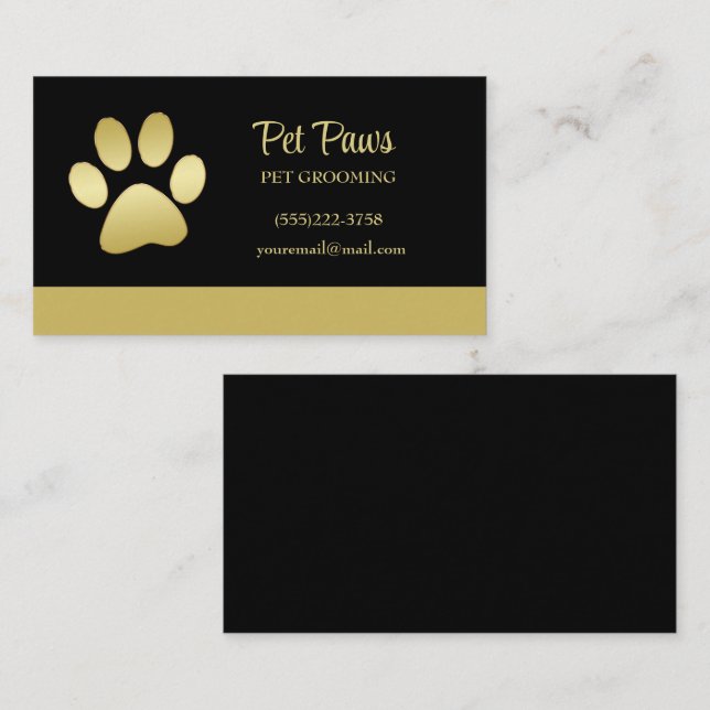 Gold Shiny Dog Paw auf Black Pet Grooming Service Visitenkarte (Vorne/Hinten)