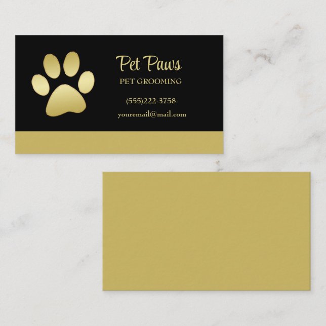 Gold Shiny Dog Paw auf Black Pet Grooming Service Visitenkarte (Vorne/Hinten)