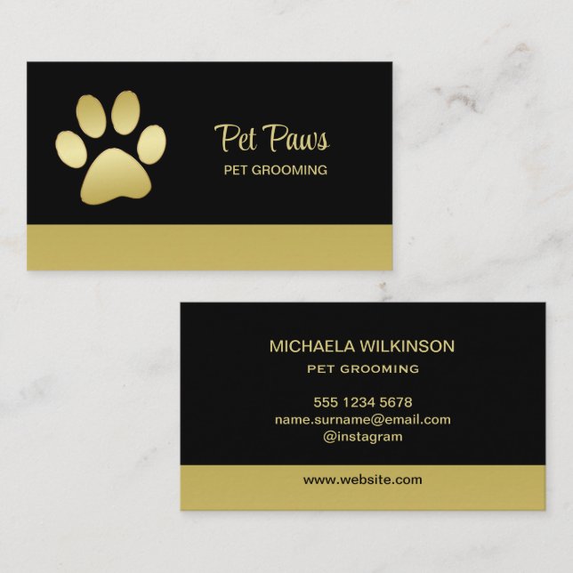 Gold Shiny Dog Paw auf Black Pet Grooming Service Visitenkarte (Vorne/Hinten)
