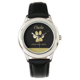 Gold Shiny Dog Paw auf schwarzem Hintergrund Armbanduhr