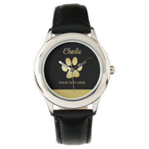 Gold Shiny Dog Paw auf schwarzem Hintergrund Armbanduhr