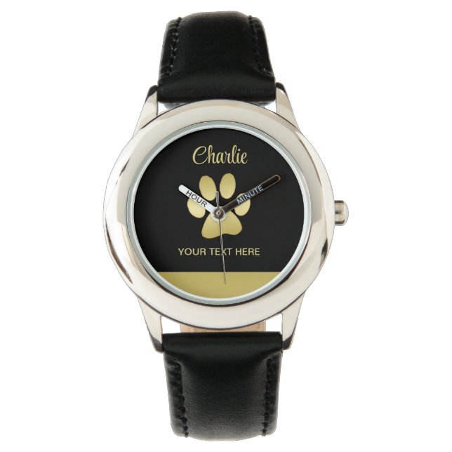 Gold Shiny Dog Paw auf schwarzem Hintergrund Armbanduhr (Vorderseite)