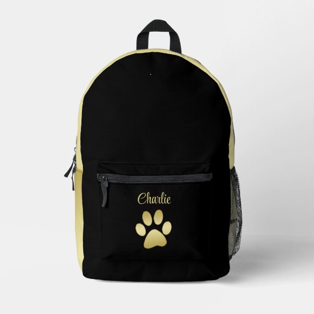 Gold Shiny Dog Paw auf schwarzem Hintergrund Bedruckter Rucksack (Vorderseite)