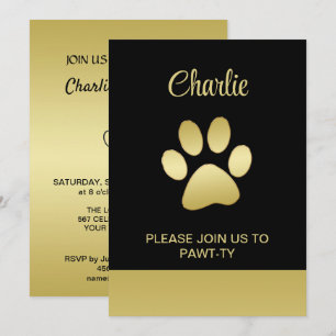 Gold Shiny Dog Paw auf schwarzem Hintergrund Einladung