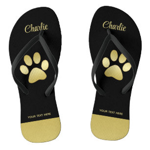 Gold Shiny Dog Paw auf schwarzem Hintergrund Flip Flops
