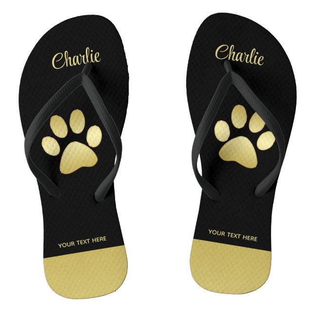 Gold Shiny Dog Paw auf schwarzem Hintergrund Flip Flops (Fußbett)