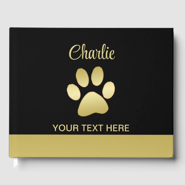 Gold Shiny Dog Paw auf schwarzem Hintergrund Gästebuch (Vorderseite)