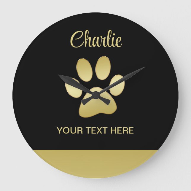 Gold Shiny Dog Paw auf schwarzem Hintergrund Große Wanduhr (Vorderseite)