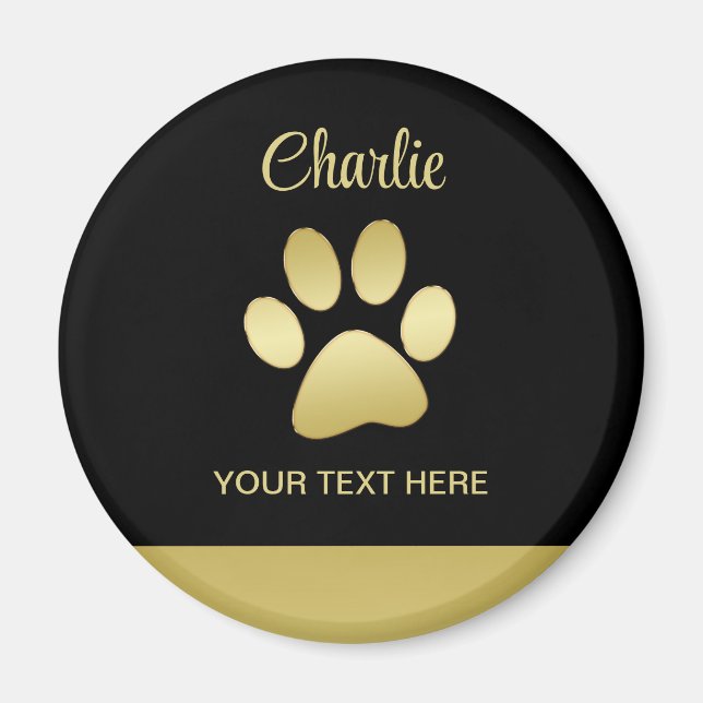 Gold Shiny Dog Paw auf schwarzem Hintergrund Magnet (Vorne)