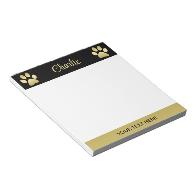Gold Shiny Dog Paw auf schwarzem Hintergrund Notizblock (angewinkelt)