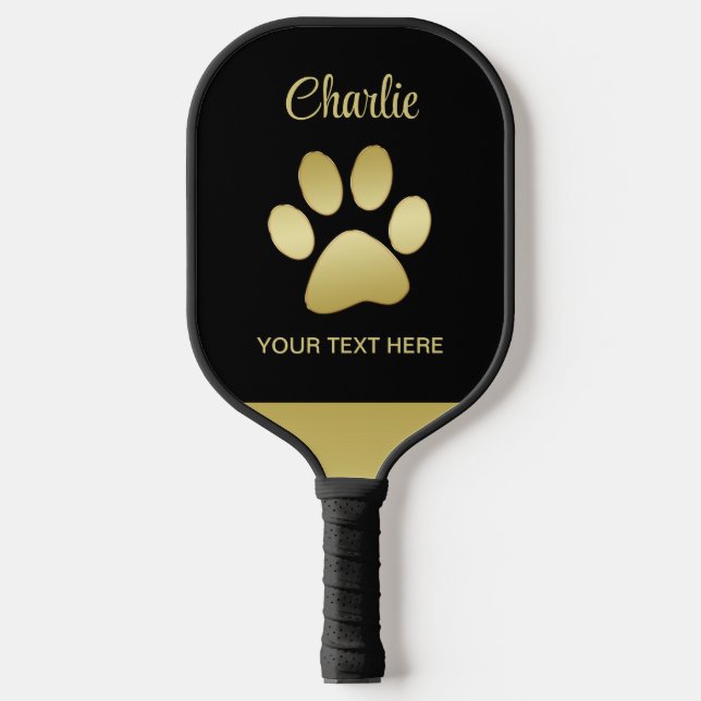 Gold Shiny Dog Paw auf schwarzem Hintergrund Pickleball Schläger (Vorderseite)